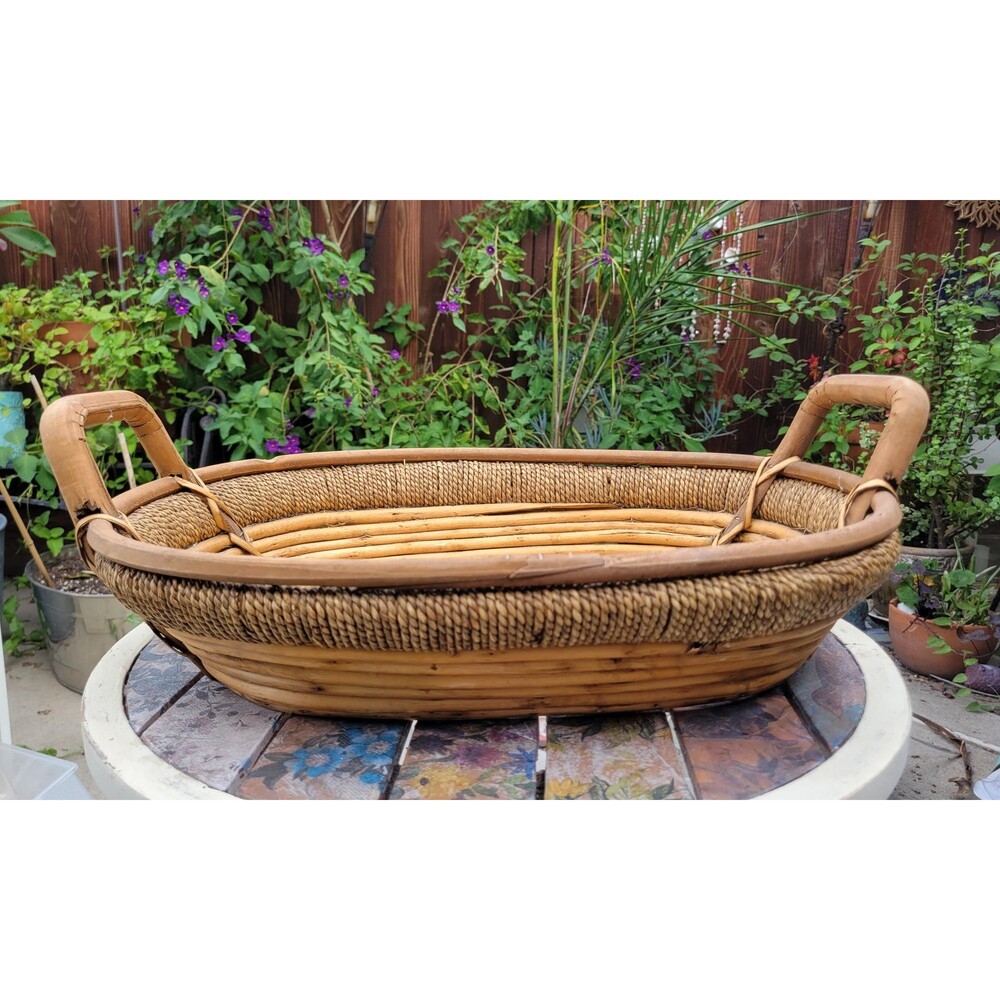 Vintage 1970s Pencil Reed Rattan Basket Tray Large Oval Serving with Handles